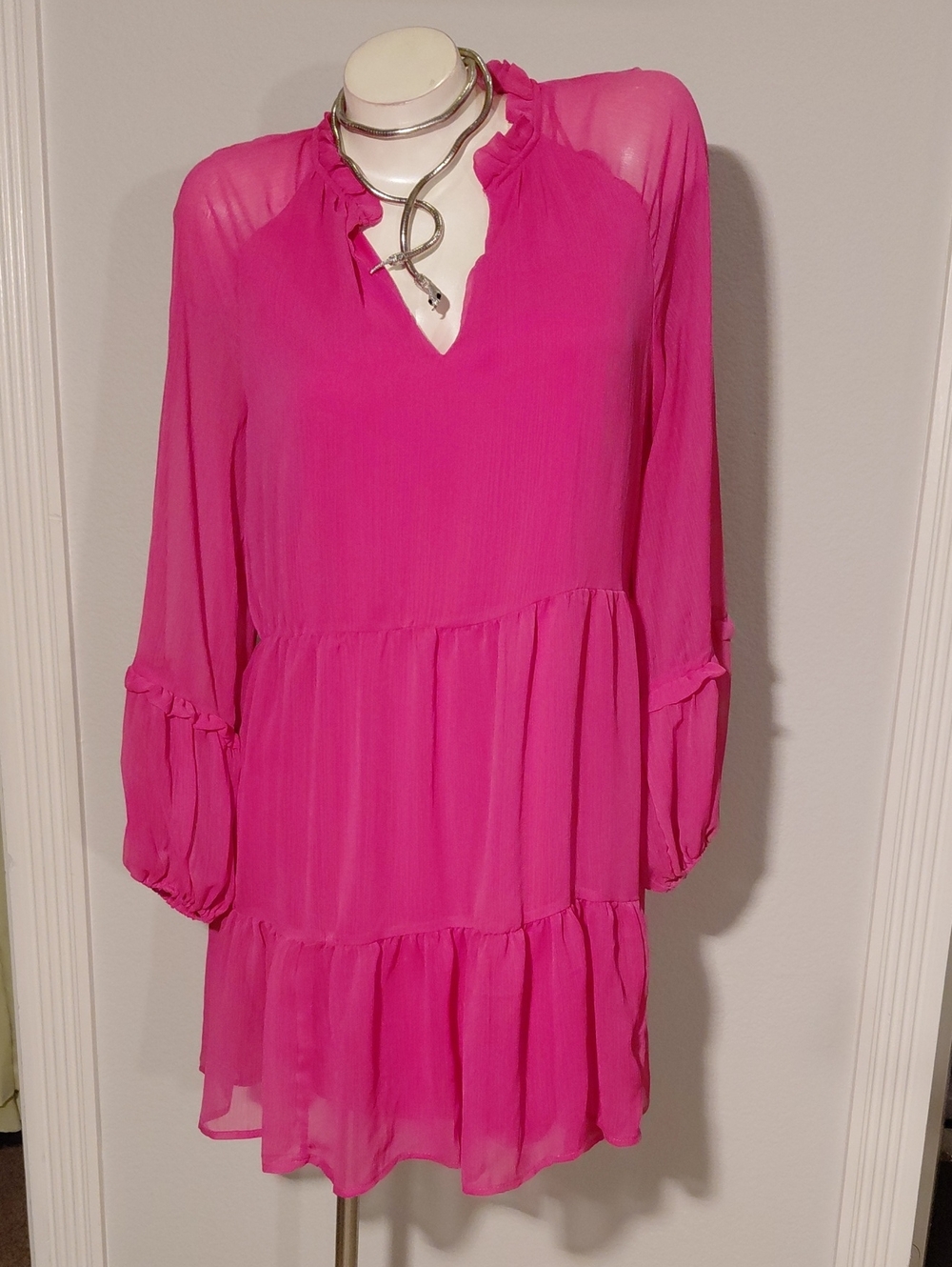 Vince Camuto Fuchsia Tiered Long-Sleeve Dress